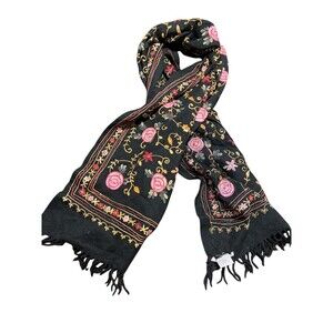 Felt Wool Scarf Handmade Black w/ Pink Roses Fringe Boho Wearable Art Excellent!